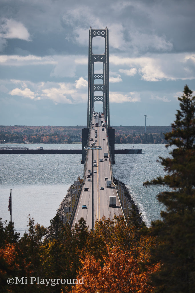 Mackinac Bridge with Freighter